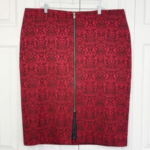 Worthington 20W Red & Black Damask Print Jacquard Zip Midi Skirt